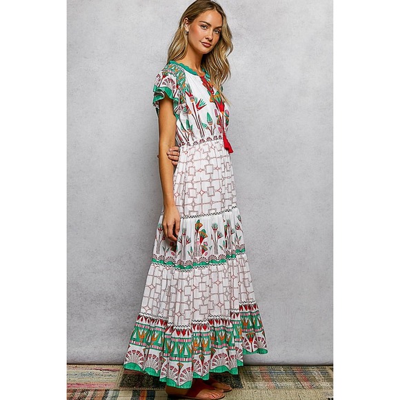 POL Hand Block Printed Cotton Tiered Midi Dress Flutter Sleeve Floral MEDIUM - Picture 4 of 8